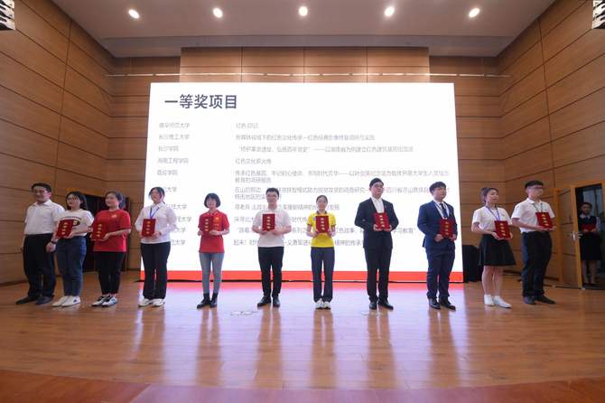 湖南工程学院项目组李诗华同学(右四)上台领奖 湖南工程学院项目组李诗华同学(右四)上台领奖